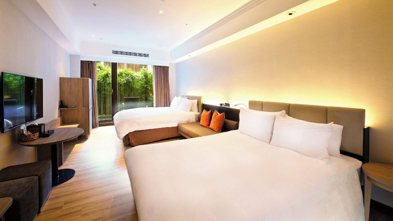Contemporary hotel room with garden view