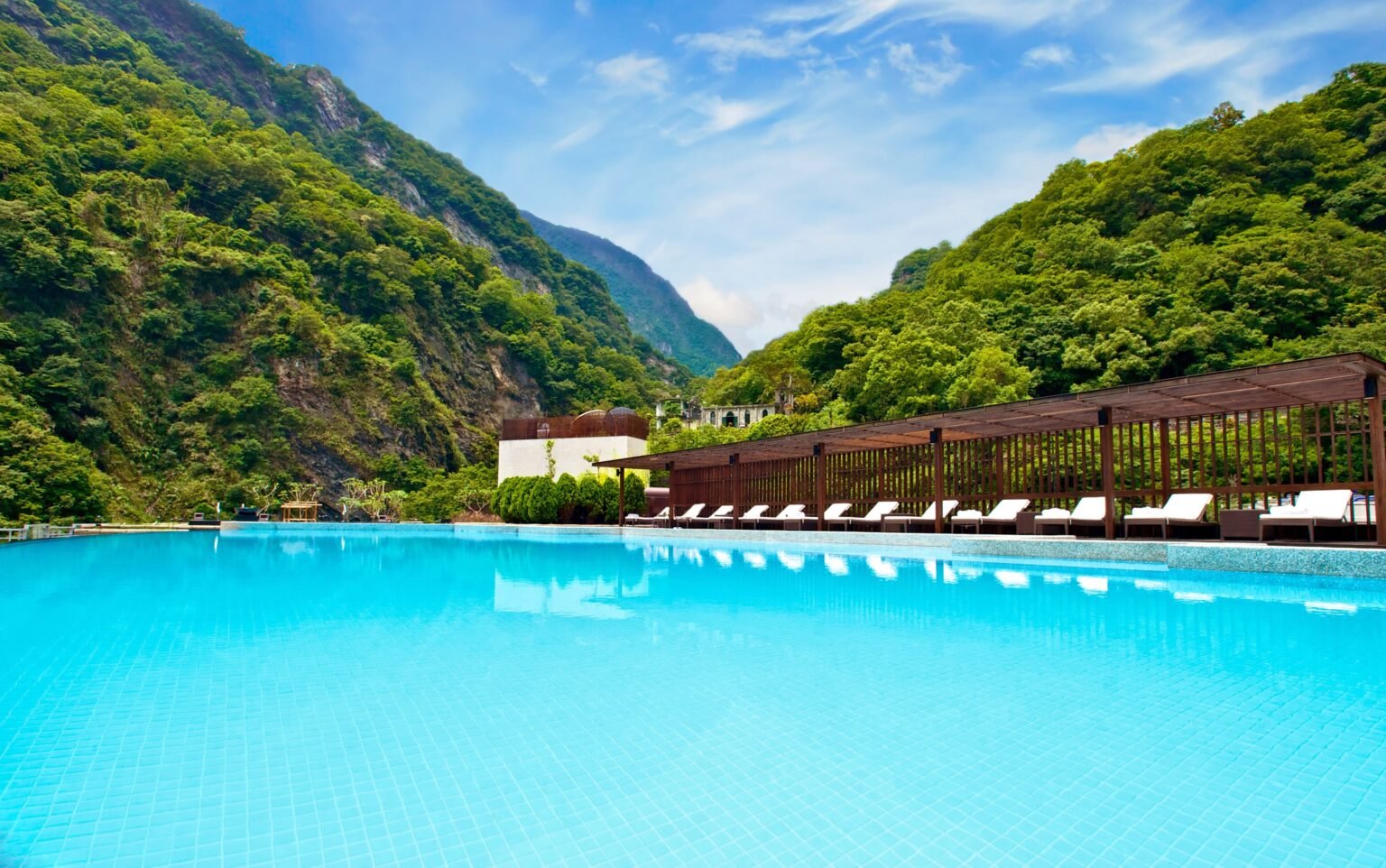 Resort pool surrounded by mountains