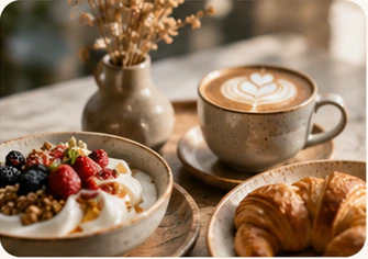 Coffee, breakfast and brunch setting