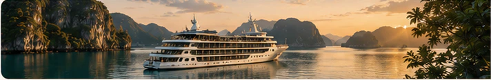 Cruise ship sailing through a scenic bay