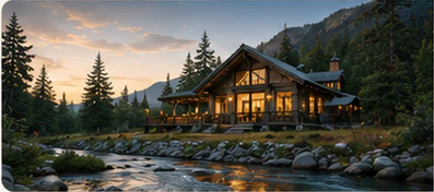 Nature lodge beside a mountain stream