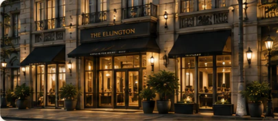 Heritage hotel entrance at night