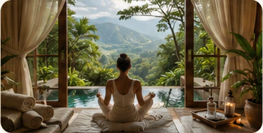 Wellness retreat overlooking green mountains